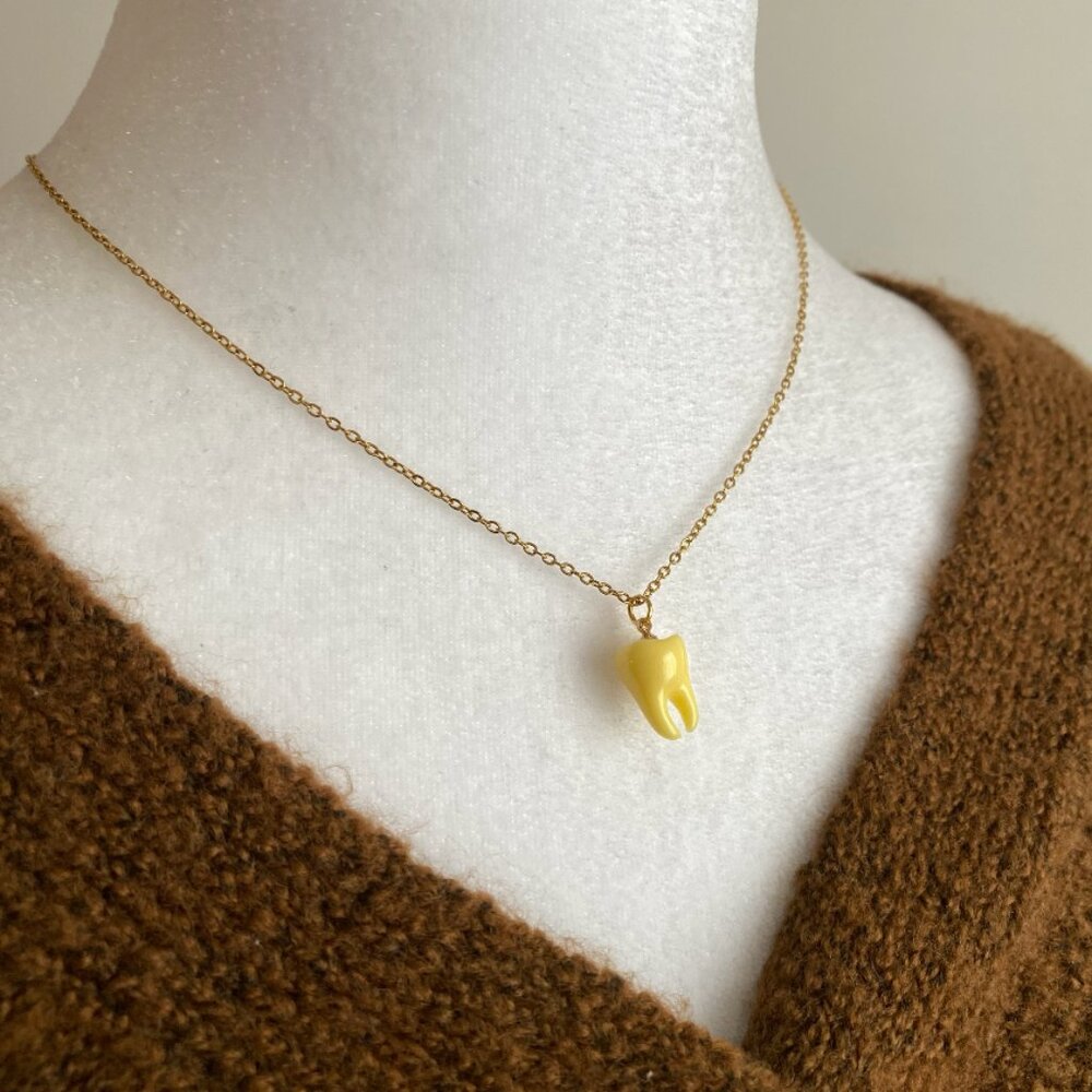 Handmade 18K GOLD STAINLESS STEEL Necklace Tooth Fairy Teeth Whimsical Jewelry - Picture 2 of 4